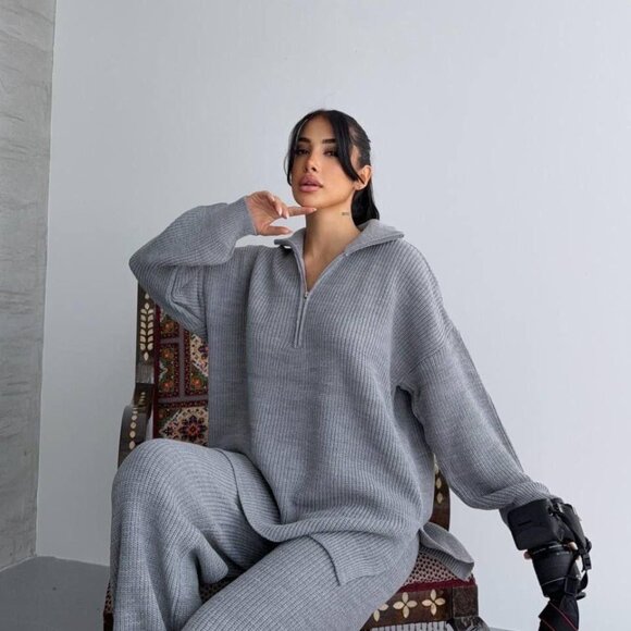 Cozy Grey Knit Sweater & Pant Set Comfy Lounge Wear Gray - Size S, M, L, XL - Picture 1 of 3
